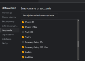 Wybór emulowanego urządzenia w przeglądarce Chrome