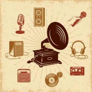 Karaoke vintage composition with black gramophone in rays and retro audio equipment on grunge background vector illustration