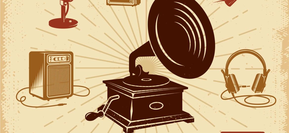 Karaoke vintage composition with black gramophone in rays and retro audio equipment on grunge background vector illustration