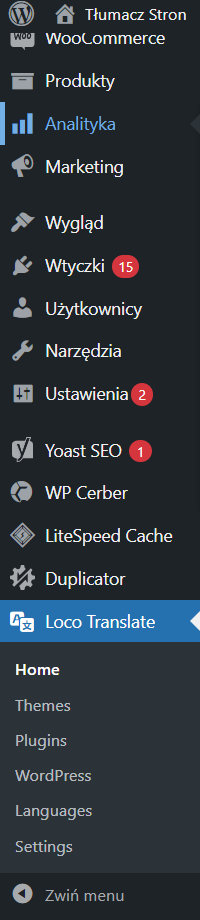Loco Translate w menu WordPress
