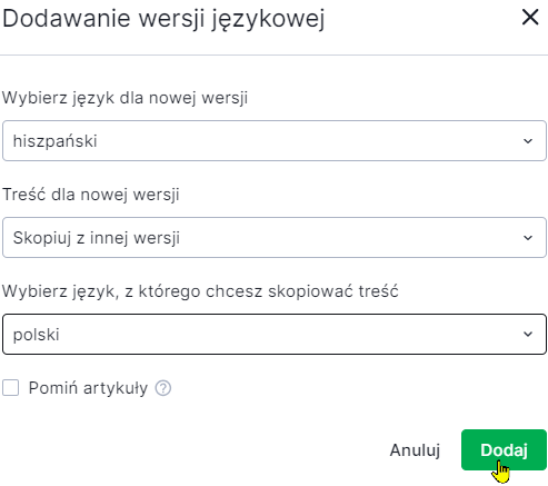 Opcje dodawania nowej wersji językowej - zrzut ekranu