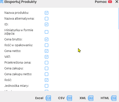 Opcje eksportu Produktów - zrzut