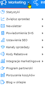 Opcje marketingowe z menu panelu - zrzut z ekranu