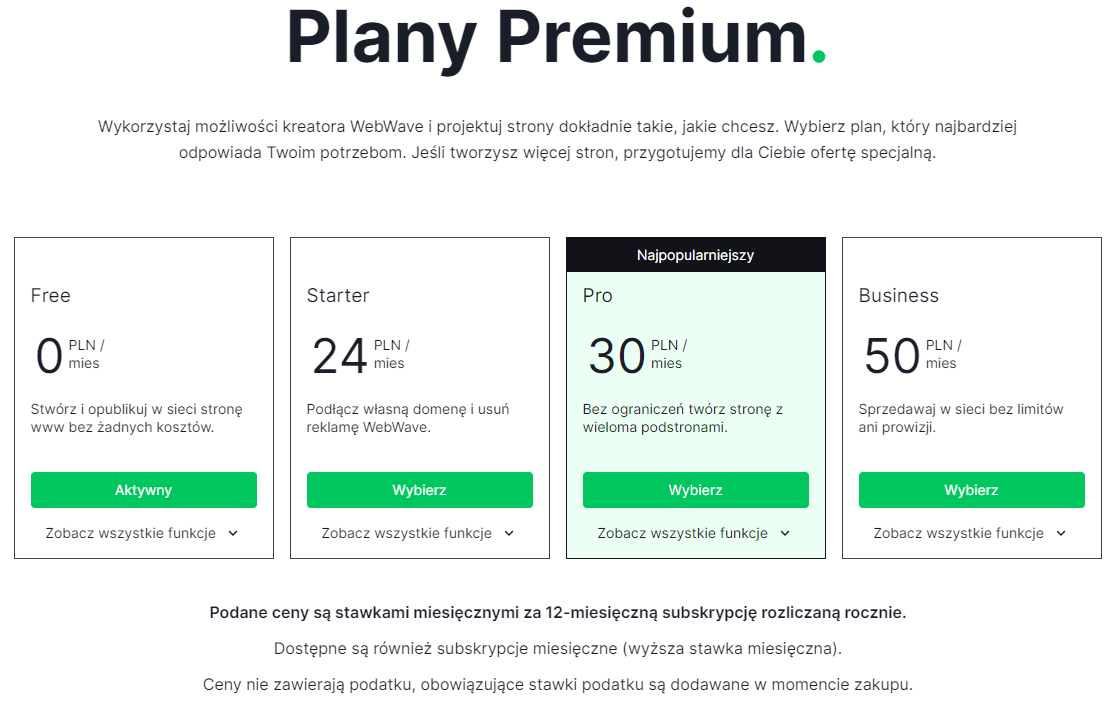Plany cenowe WebWave - zrzut ekranu