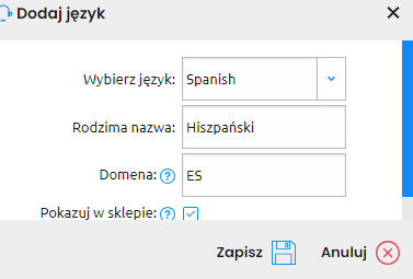 Pola z menu Dodaj język -zrzut