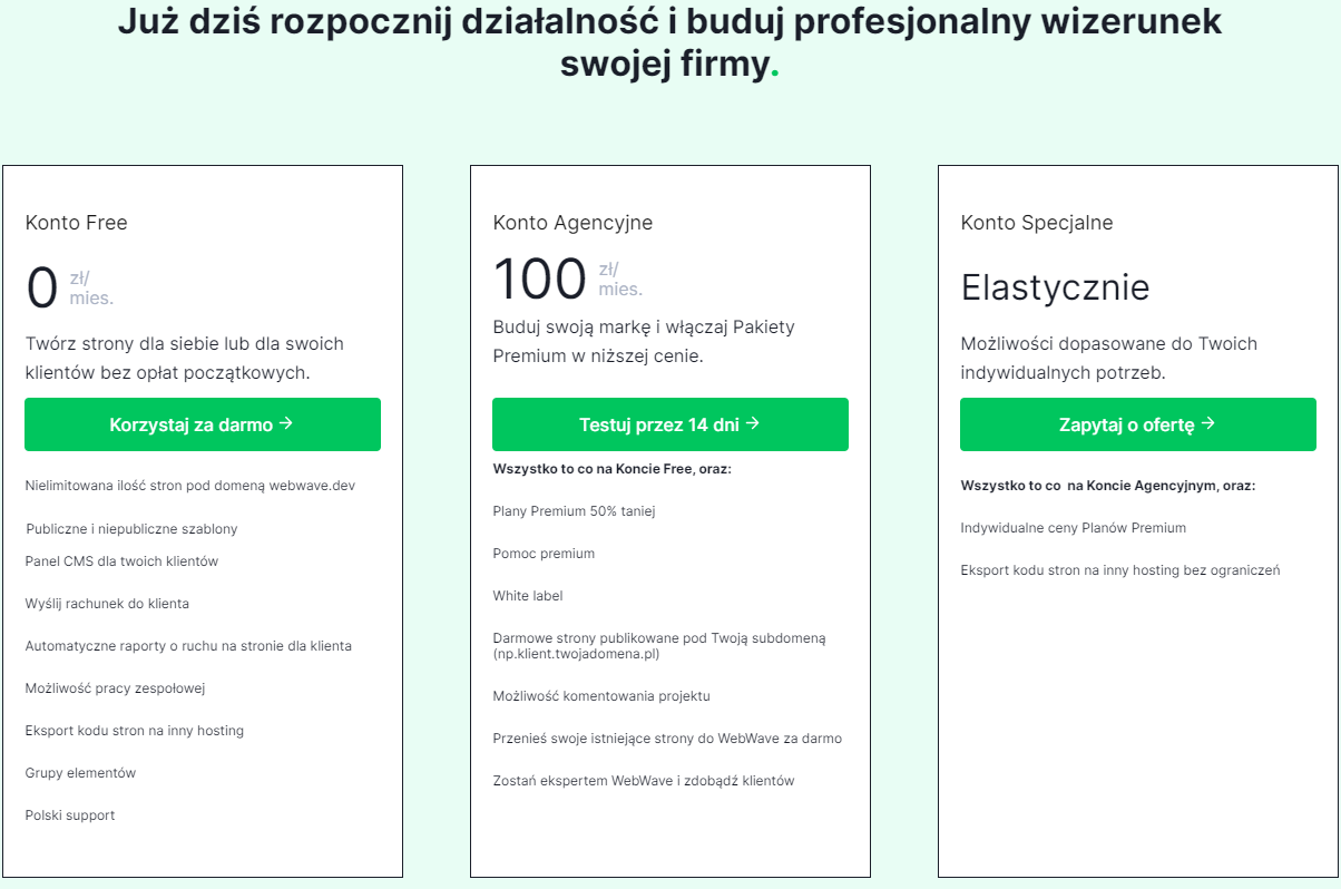 Rodzaje kont WebWave - zrzut ekranu