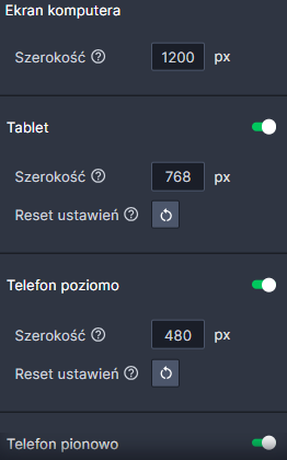 Ustawienia dostosowania wyglądu strony www do ekranów różnych narzędzi - zrzut ekranu