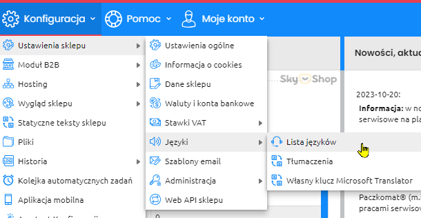 Wybór języka z menu panelu - zrzut